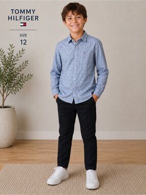 TOMMY HILFIGER big boys Blue Patterned long sleeve Shirt/size 12